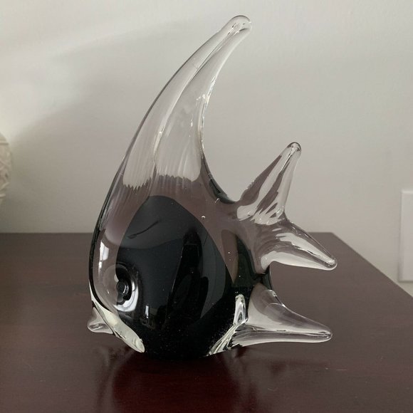 Murano Glass Art Hand Blown Glass Angelfish Clear Black Tropical Figurine 7.5" - Picture 1 of 8
